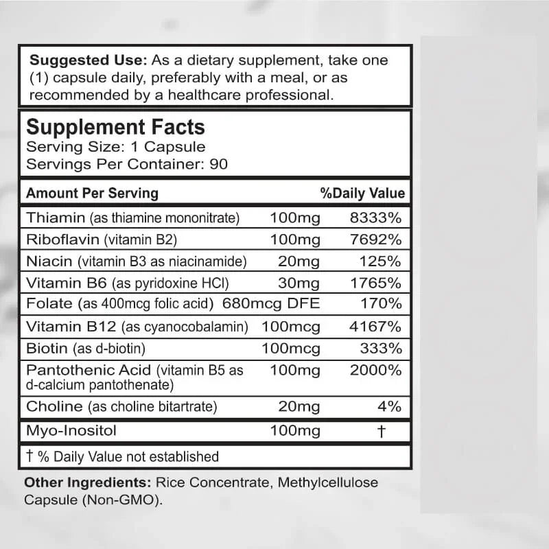 Supplement label with detailed nutritional information on a light gray background