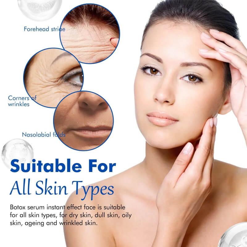 Anti-aging skincare for all skin types, targeting forehead lines, crow's feet, and nasolabial folds