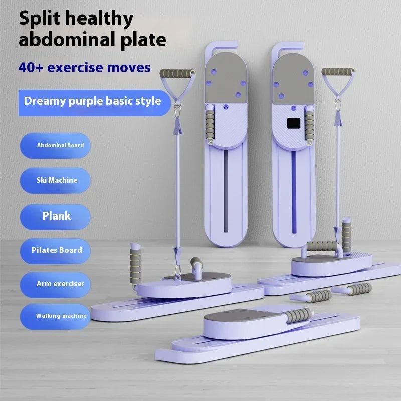 Dreamy purple split abdominal plate fitness equipment with resistance bands, plank and pilates functions, displayed on light wood floor.
