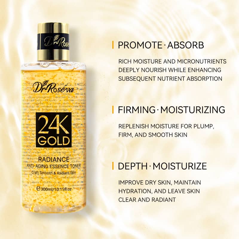 Dr. Roseva 24K Gold Radiance Anti-Aging Essence Toner bottle with text on a beige background