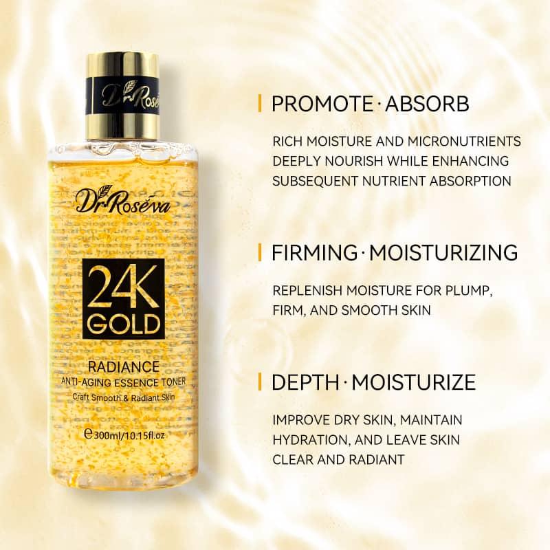 Dr. Roseva 24K Gold Radiance Anti-Aging Essence Toner bottle with text on a beige background