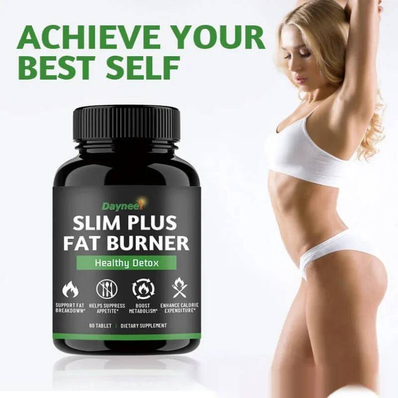 Slim Plus Fat Burner supplement bottle with fit woman in athletic wear, fitness and detox keywords