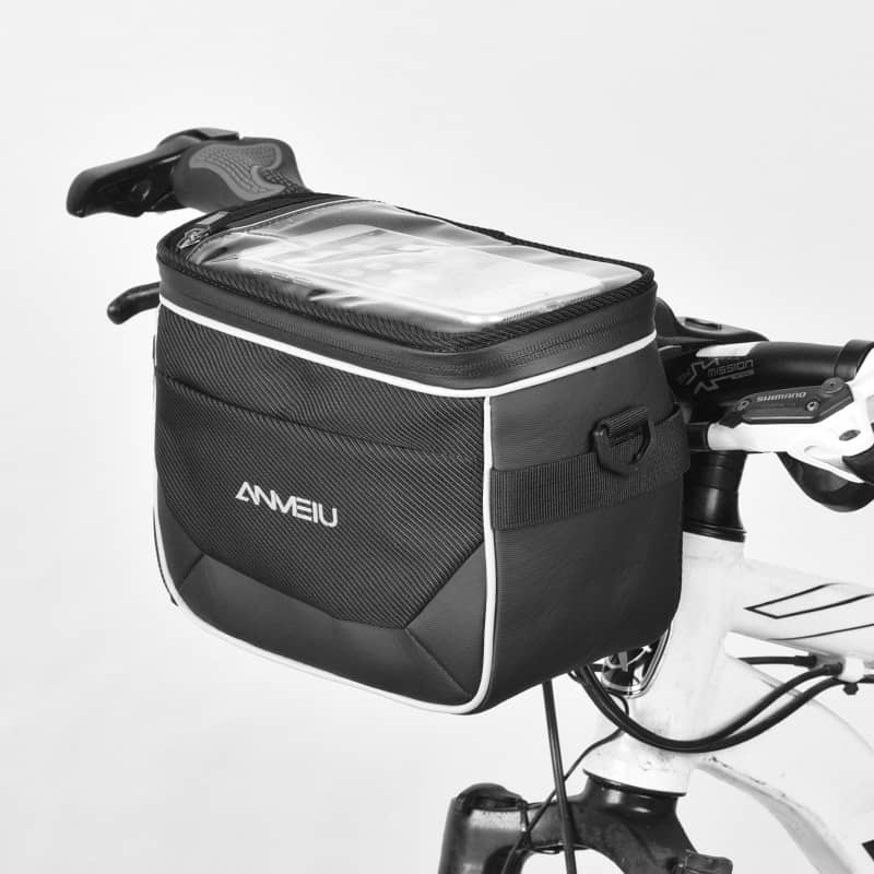 Black bicycle handlebar bag with clear window and 'ANWEIU' branding on a white background