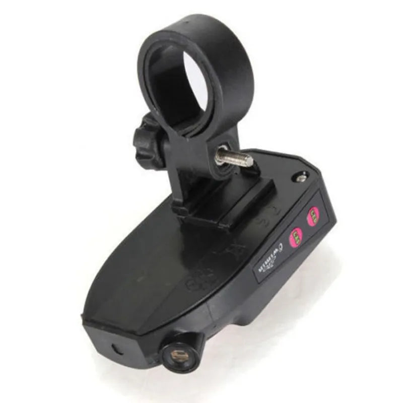 A black plastic mounting bracket or reflector with a circular top ring, a small silver screw, and two pink buttons on the side, shown on a white background.