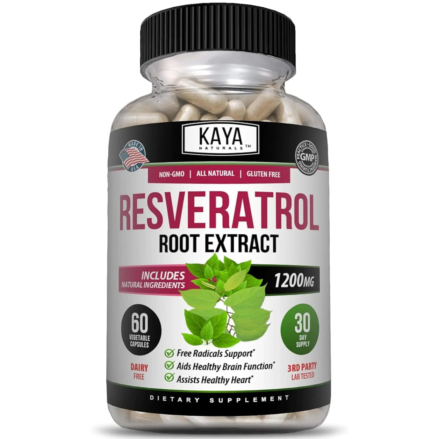 Kaya Naturals - Resveratrol Capsules - Anti Aging - Antioxidants with Brain Support - Maximum Benefits - 60 Veggies Capsules/Supplements