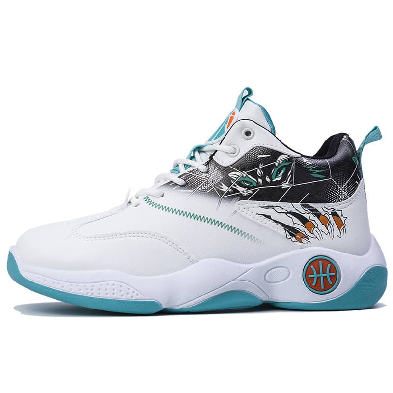 White sneaker with black, green, and blue accents on a white background