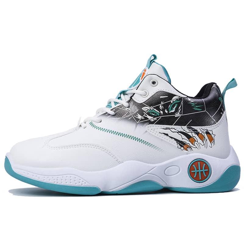 White sneaker with black, green, and blue accents on a white background