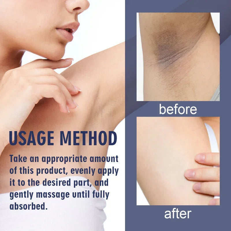 Before and after underarm skin lightening results with cream application instructions.