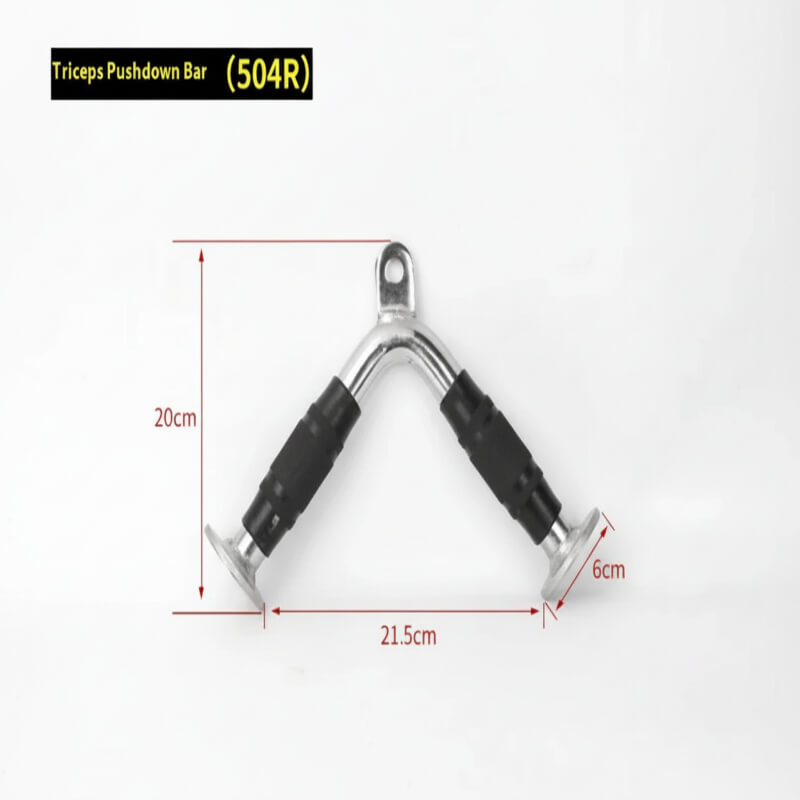 Triceps pushdown bar with measurements on a white background