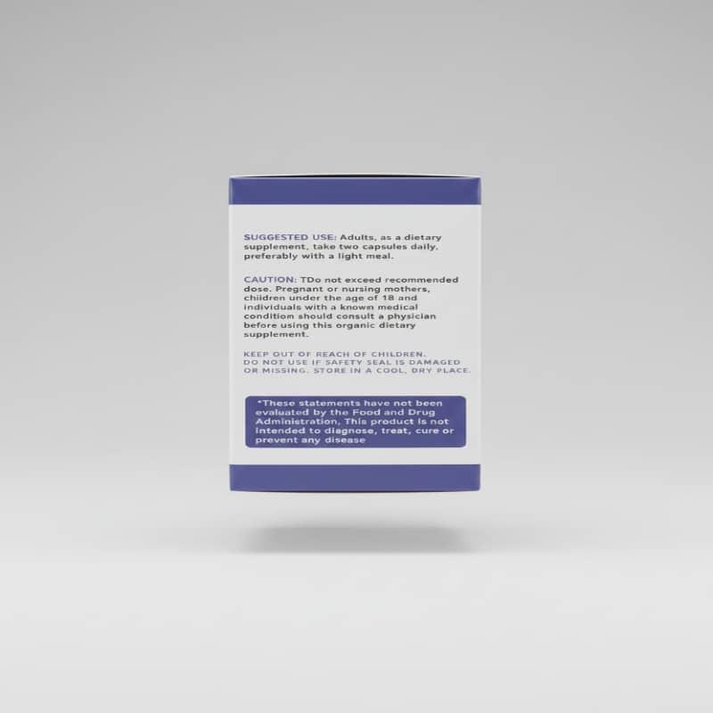 Dietary supplement box with usage instructions and safety warnings for adults, featuring purple accents.
