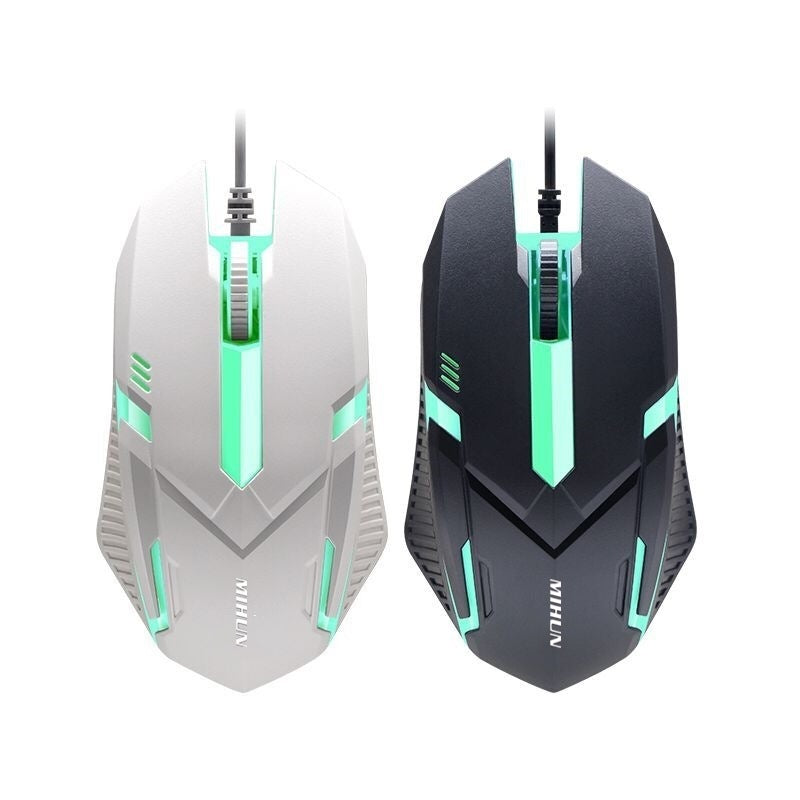 Two gaming mice, one white and one black with green accents, on a white background.