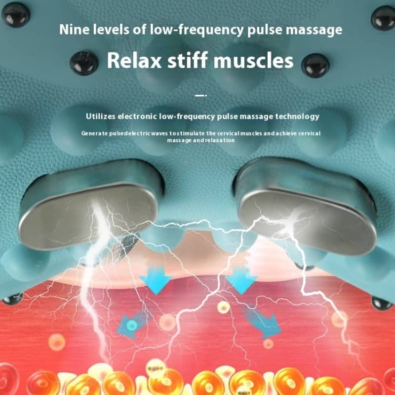 Massage device with text about low-frequency pulse massage and muscle relaxation.