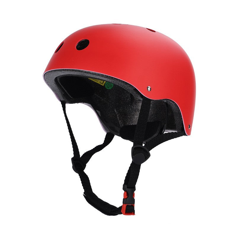 Red helmet with black straps on a white background