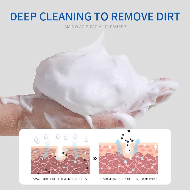 Facial cleanser with foam being applied to skin, showing deep cleaning process.