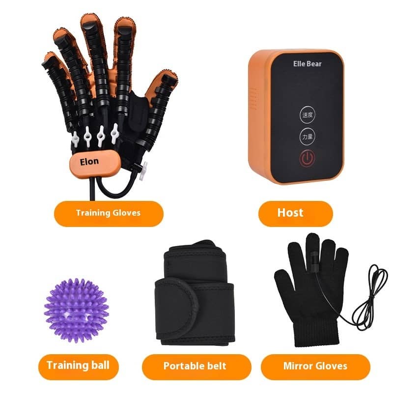 Set of fitness equipment including training gloves, host device, training ball, portable belt, and mirrored gloves on a white background.