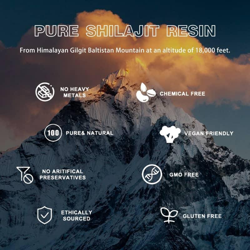 Pure Shilajit resin benefits on Himalayan mountain background, highlighting natural, vegan, and chemical-free features.