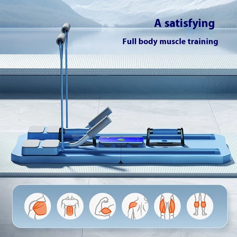 Blue exercise machine on a tiled floor with text about full body muscle training.
