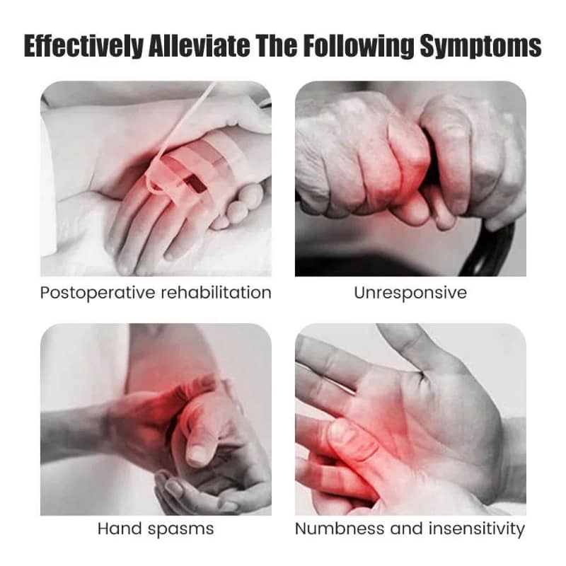 Illustrations of hands with symptoms such as postoperative rehabilitation, unresponsive, hand spasms, and numbness and insensitivity.