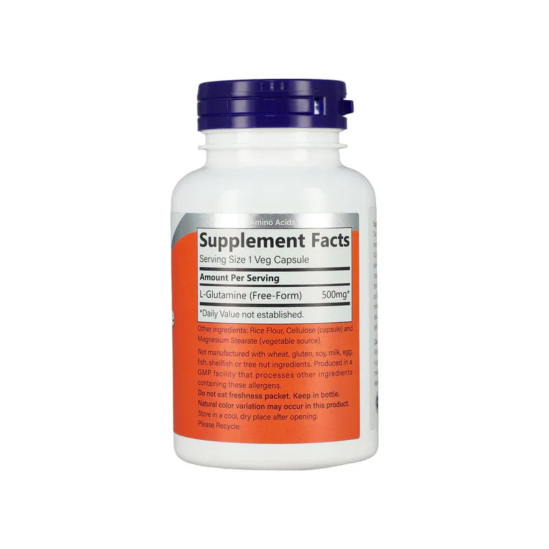 Supplement Facts label of L-Glutamine 500mg veg capsule with ingredients and allergy information