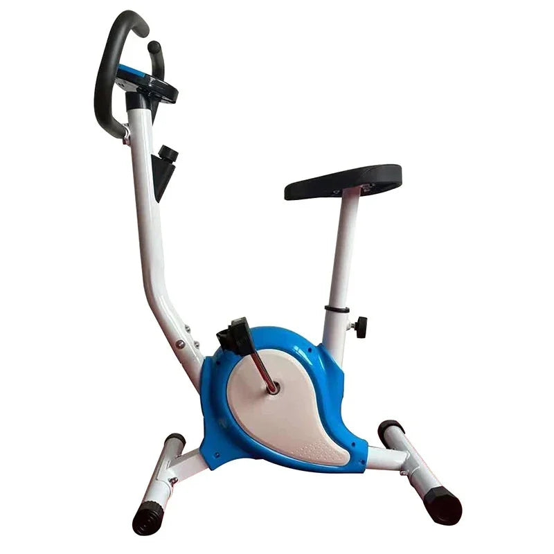 Compact stationary exercise bike with blue and white frame, adjustable seat, home fitness