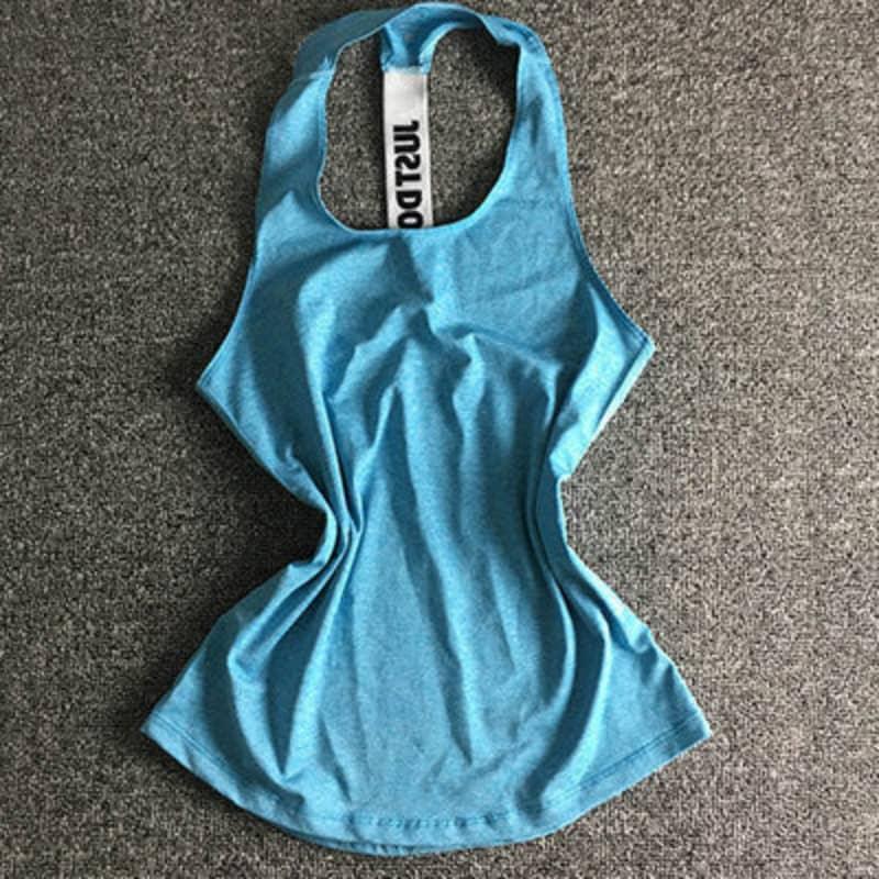 Blue athletic racerback tank top for women, ideal gym and fitness apparel on gray background