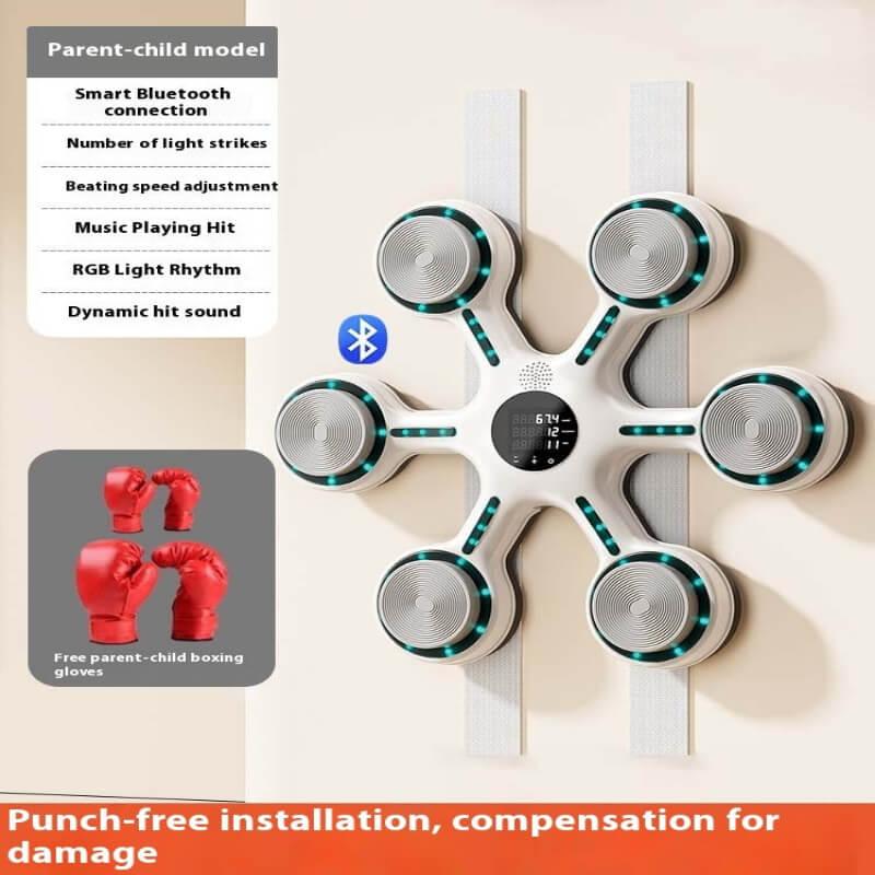 Wall-mounted smart boxing training pad with Bluetooth, LED lights, and included boxing gloves.