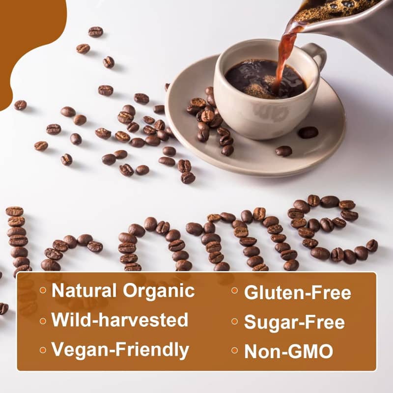 Coffee beans spelling 'coffee' beside a cup of black coffee, highlighting natural, organic, vegan-friendly, gluten-free, sugar-free, and non-GMO features.