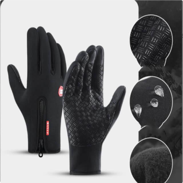 Black winter sports gloves with zipper, non-slip palm grip, touchscreen fingertips, and fleece lining.