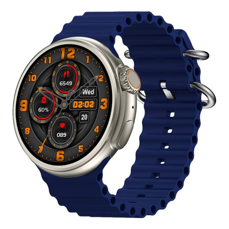 Smart fitness watch with blue silicone band, round display showing health and activity stats
