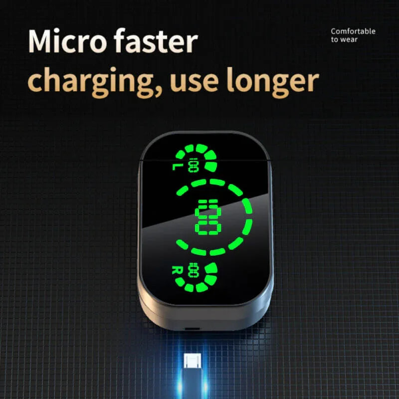 Wireless fitness earbud charging case with LED battery display and micro USB charging cable
