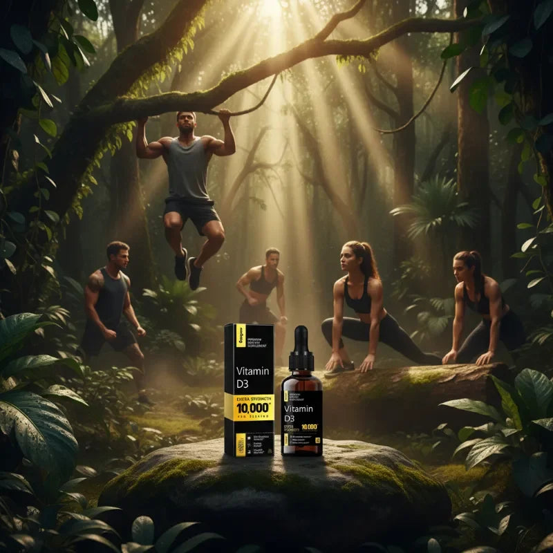 A Vitamin D3 supplement bottle and box displayed in the foreground of a sunlit jungle.