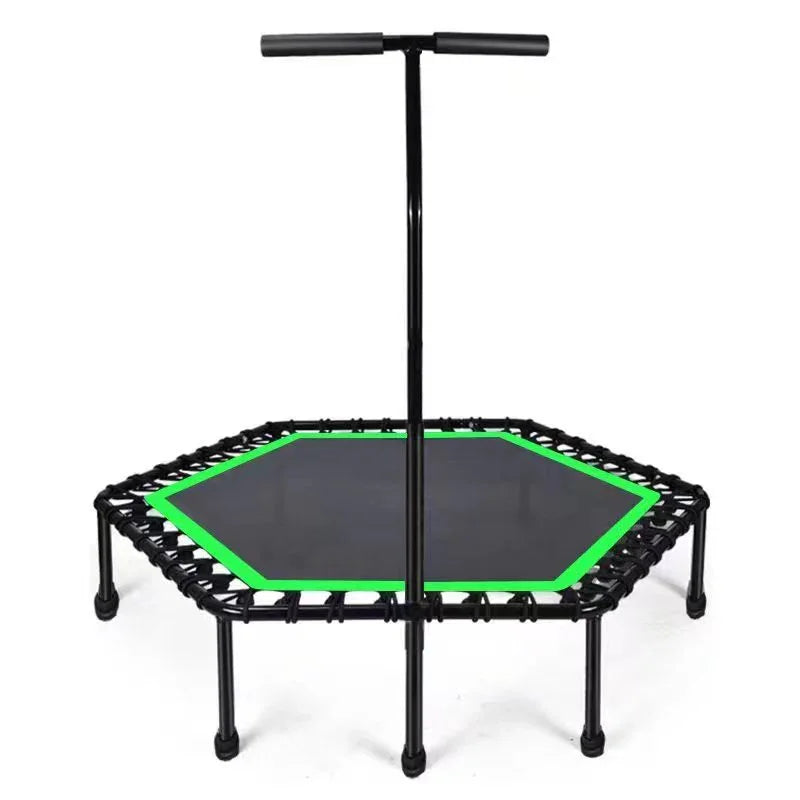 Hexagonal fitness trampoline with handlebar and green trim, home gym exercise equipment