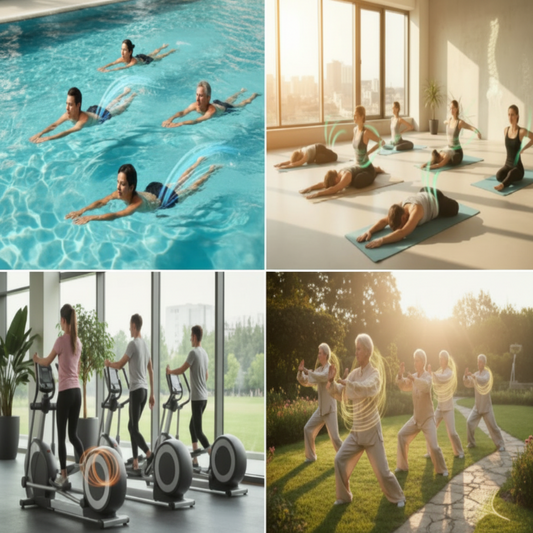 people swimming in a pool, a group doing yoga on mats, individuals lifting light weights outdoors, and a guided class exercising indoors with a trainer.