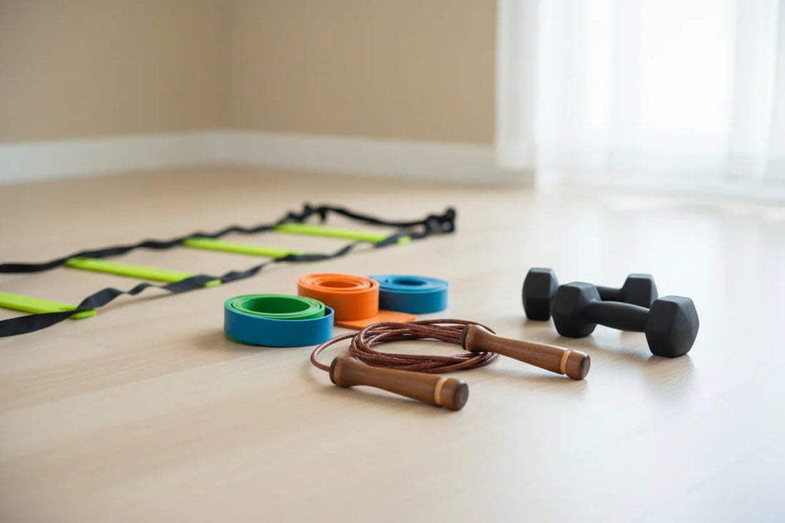 Home workout essentials with dumbbells, resistance bands, jump rope, and agility ladder on floor