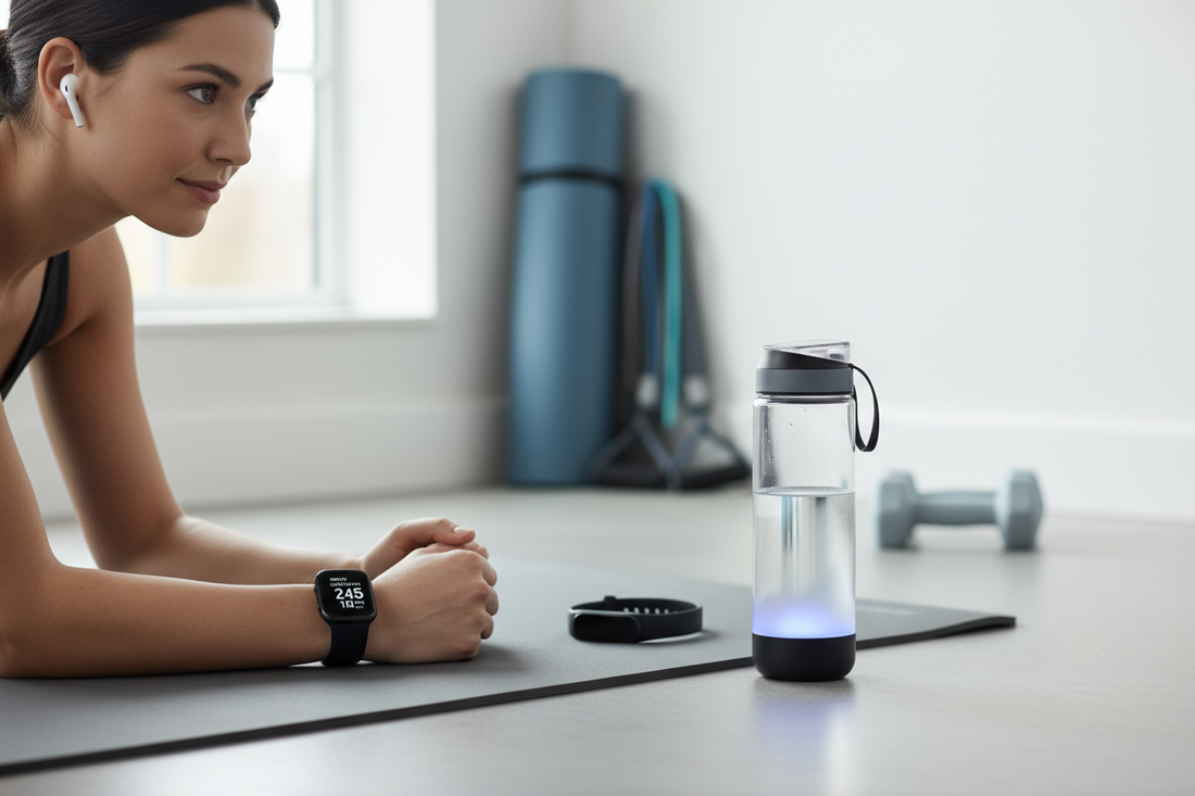 Woman on yoga mat with smartwatch, fitness tracker, water bottle, dumbbell, and resistance bands
