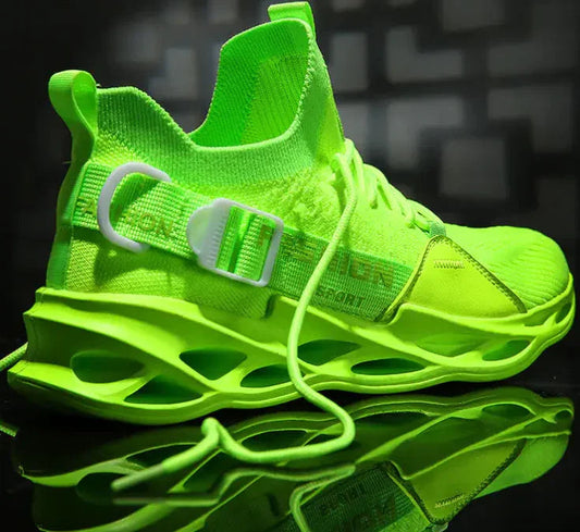 Neon green athletic sneaker with breathable knit upper and chunky sole for fitness training
