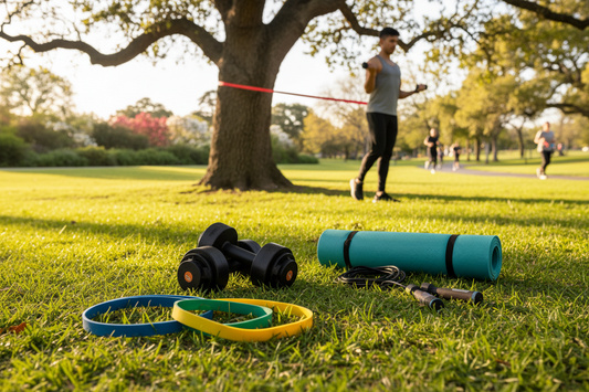 Portable fitness gear including dumbbells, resistance bands, mat, and jump rope on grass in park
