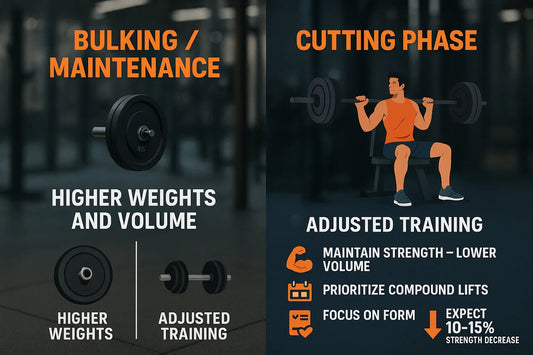 Bulking vs cutting gym phases infographic showing barbell, dumbbell, workout tips, and strength advice.