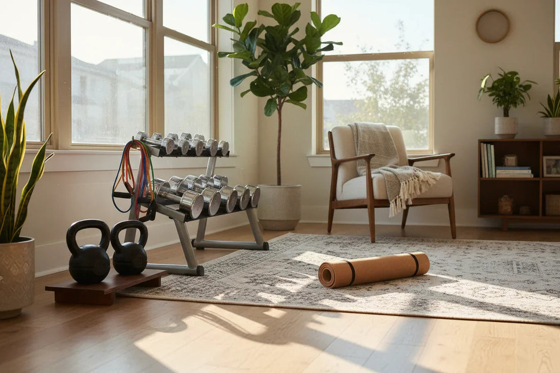 Home gym with dumbbells, kettlebells, resistance bands, yoga mat, and natural sunlight