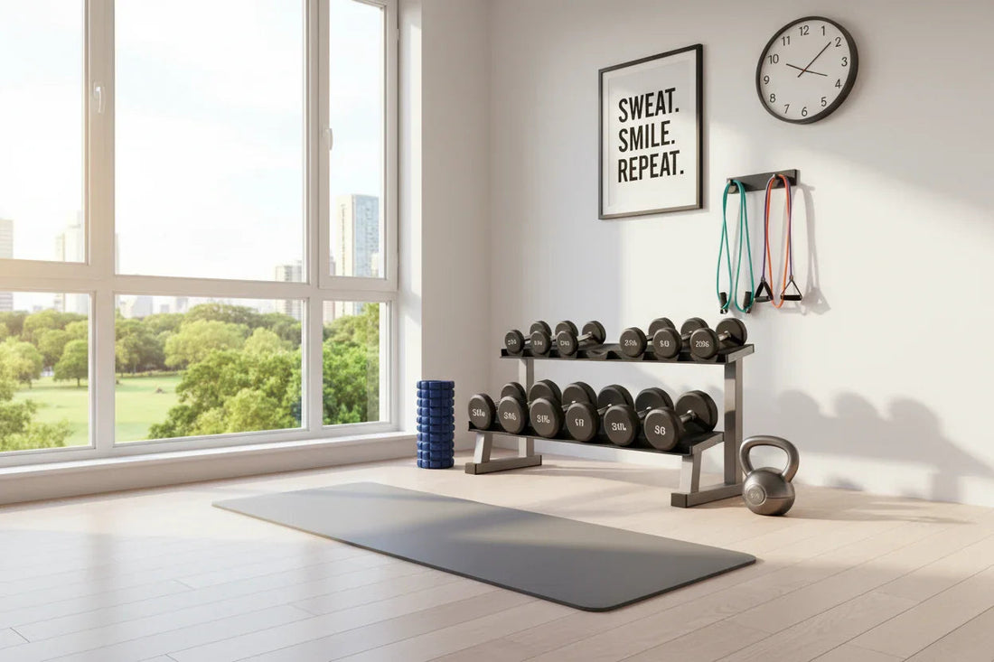 Bright home gym with dumbbells, kettlebell, resistance bands, yoga mat, and foam roller