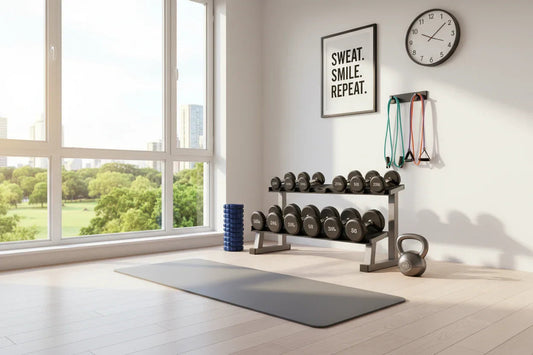 Bright home gym with dumbbells, kettlebell, resistance bands, yoga mat, and foam roller