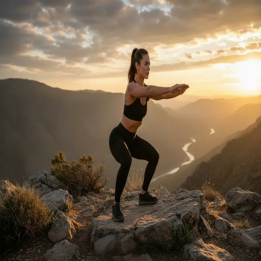 Woman doing a squat exercise on a mountain overlook at sunrise during an outdoor workout