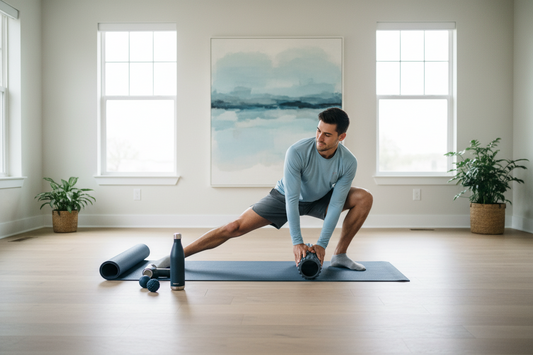 Man stretching on yoga mat with foam roller and fitness gear in bright home gym