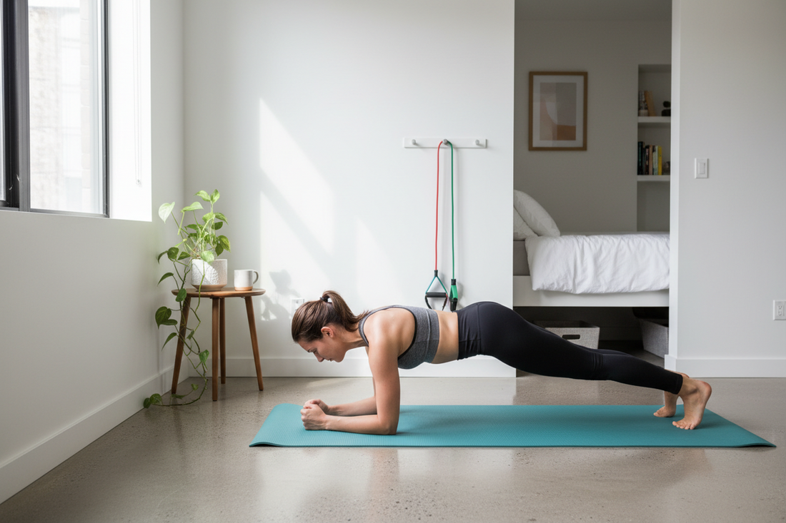 Woman doing plank exercise on yoga mat in modern apartment, home workout setting