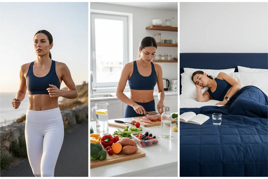Woman jogging, prepping healthy meals, and sleeping for fitness recovery
