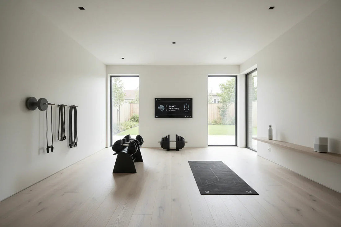 Minimalist home gym with weights, resistance bands, yoga mat, and smart TV for training