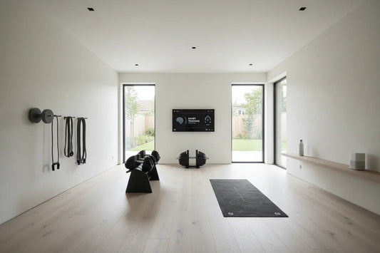 Minimalist home gym with weights, resistance bands, yoga mat, and smart TV for training
