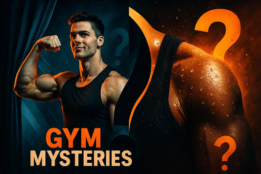 Fit man flexing biceps in gym tank top, sweat and question marks highlighting workout mystery