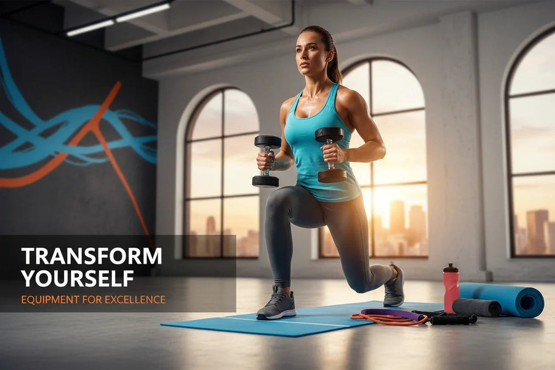 Woman exercising indoors with dumbbells, fitness mat, resistance bands, and water bottle