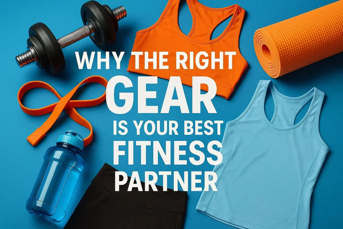 Fitness equipment flat lay with dumbbell, resistance band, water bottle, yoga mat, and activewear on blue background